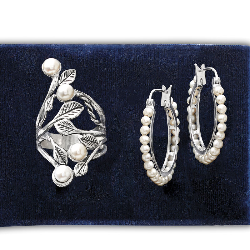 4.5-5mm Cultured Pearl Open-Space Leaf Ring in Sterling Silver image number 3