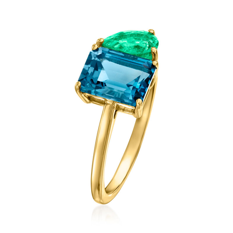 2.40 Carat London Blue Topaz and .70 Carat Emerald Toi et Moi Ring in 14kt Yellow Gold image number 2