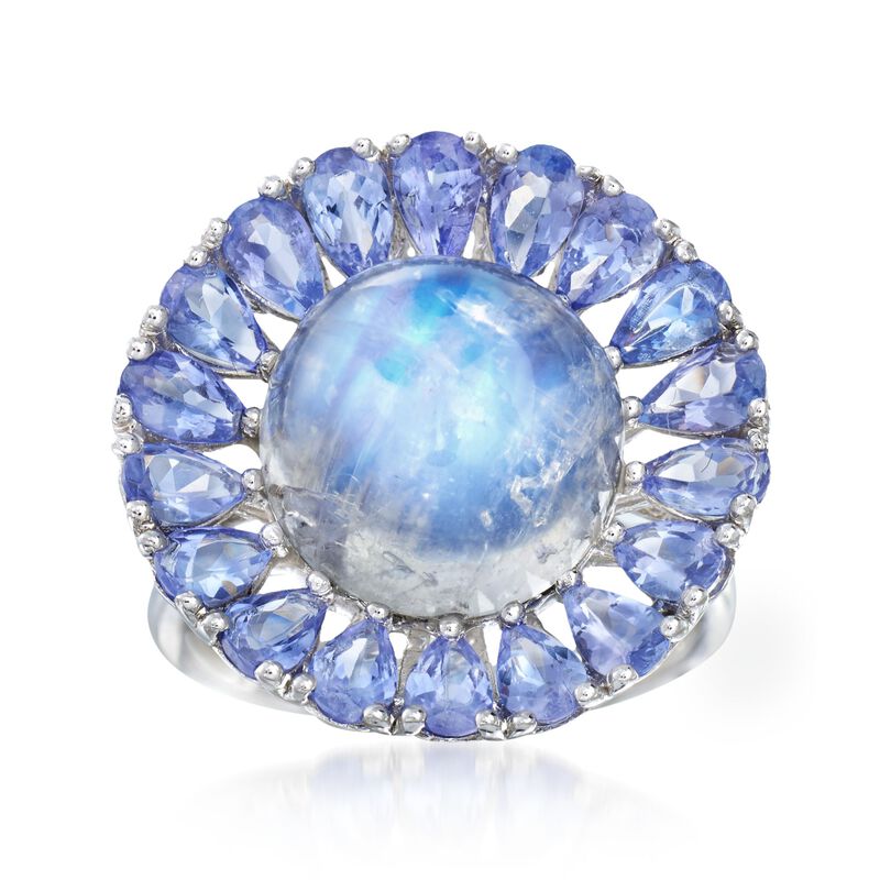 Moonstone and 2.80 ct. t.w. Tanzanite Floral Ring in Sterling Silver image number 0
