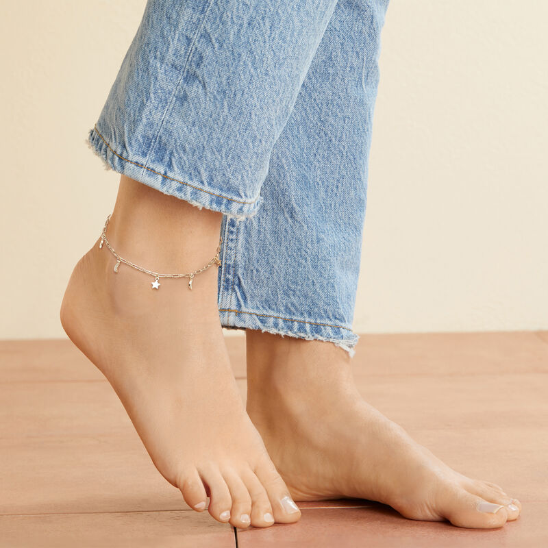 18kt Gold Over Sterling Paper Clip Link Star and Moon Anklet image number 1
