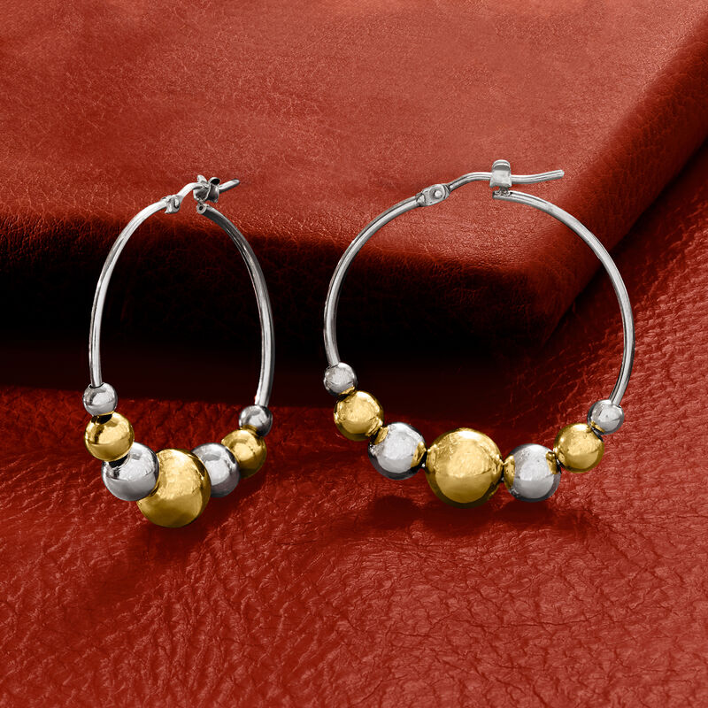 Italian Sterling Silver and 18kt Gold Over Sterling Graduated Bead Hoop Earrings. 1 1/4&quot; image number 2