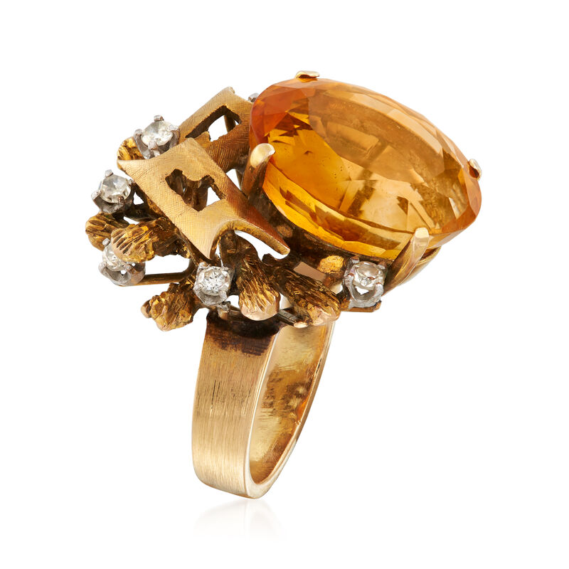 C. 1960 Vintage 9.30 Carat Citrine and .25 ct. t.w. Diamond Geometric-Style Ring in 14kt Yellow Gold. Size 6 image number 2