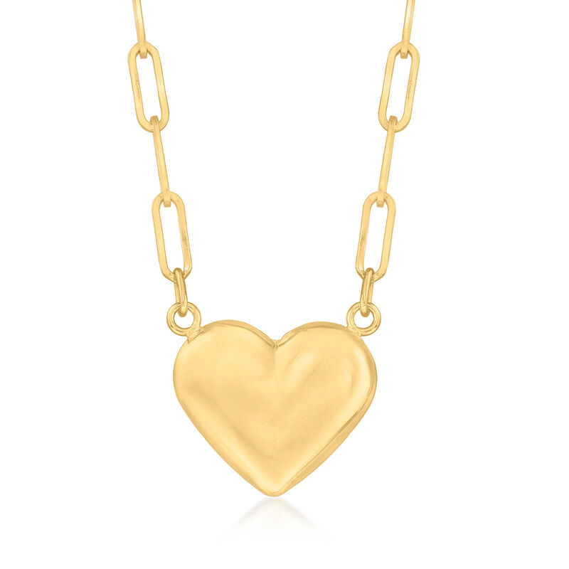 14kt Yellow Gold Puffed Heart Paper Clip Link Necklace. 18&quot; image number 1
