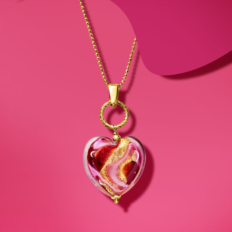 Italian Red and Pink Murano Glass Heart Necklace in 18kt Gold Over Sterling image number 6