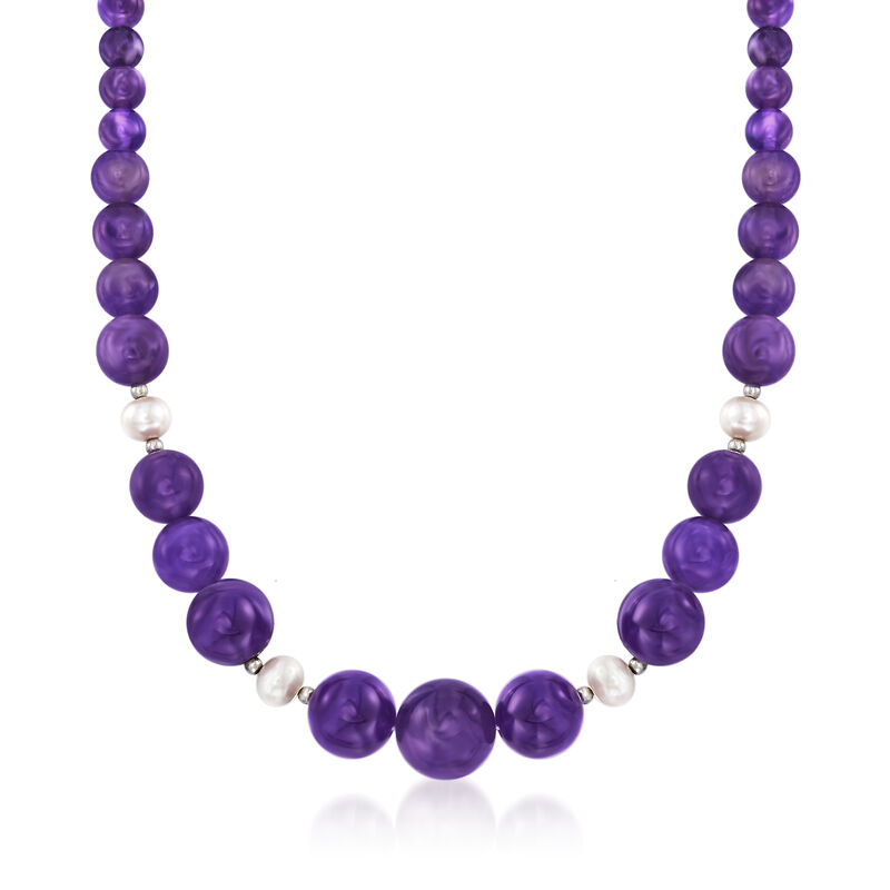 4-16mm Amethyst Bead and 8-9mm Cultured Pearl Necklace with Sterling Silver image number 0