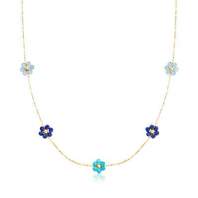 Multi-Gemstone Bead Flower Necklace in 14kt Yellow Gold