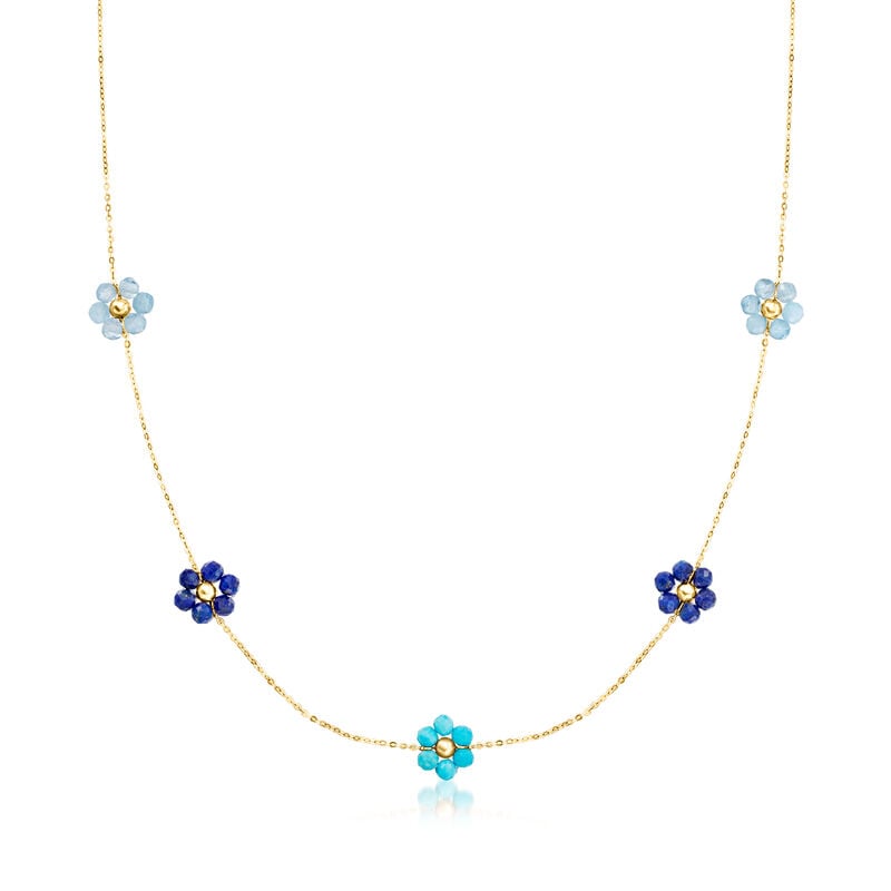 Multi-Gemstone Bead Flower Necklace in 14kt Yellow Gold image number 0