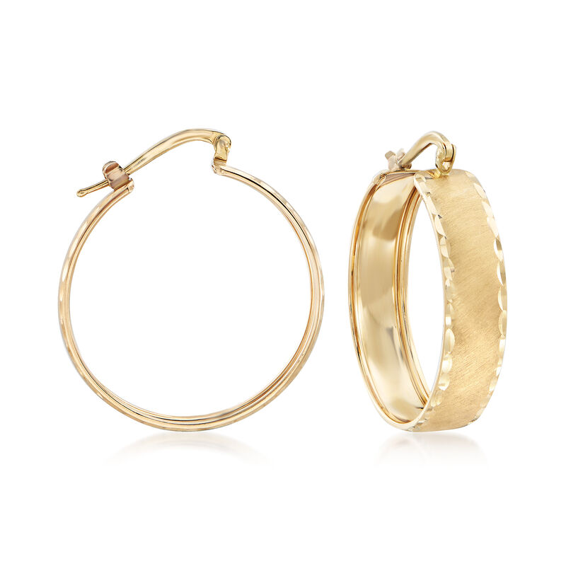 Italian 14kt Yellow Gold Brushed and Diamond-Cut Hoop Earrings image number 0