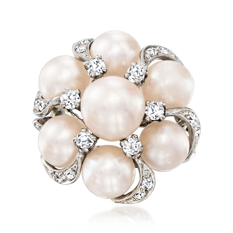 C. 1970 Vintage 6-8mm Cultured Pearl and .30 ct. t.w. Diamond Cluster Ring in 14kt White Gold. Size 5 image number 0