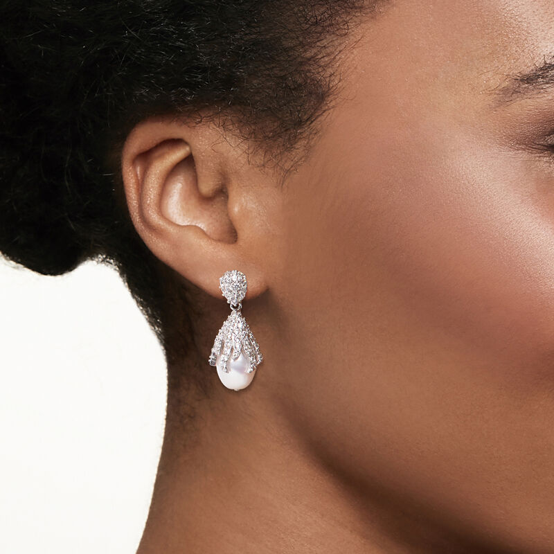 9.5-10mm Cultured Pearl and .50 ct. t.w. CZ Drop Earrings in Sterling Silver  image number 1