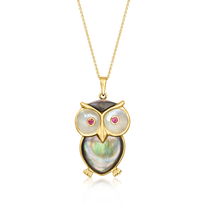 C. 1980 Vintage Multicolored Mother-of-Pearl and .14 ct. t.w. Rhodolite Garnet Owl Pendant Necklace in 14kt Yellow Gold. 16" image number 0