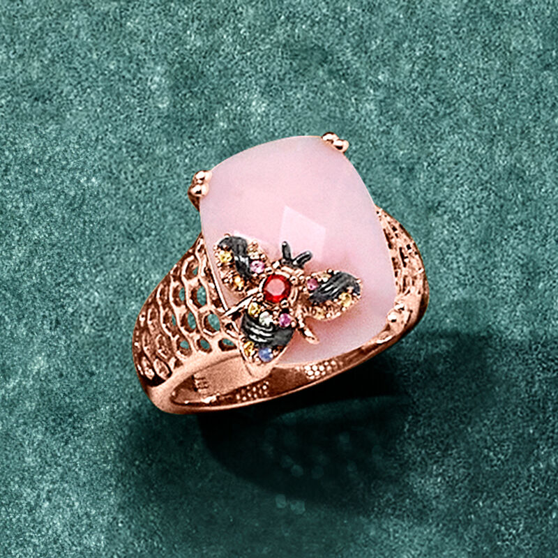 Pink Opal and .10 ct. t.w. Multicolored Sapphire Bumblebee Ring with Single Garnet in 18kt Rose Gold Over Sterling image number 3