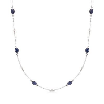 7.20 ct. t.w. Sapphire and .25 ct. t.w. Diamond Station Necklace in Sterling Silver