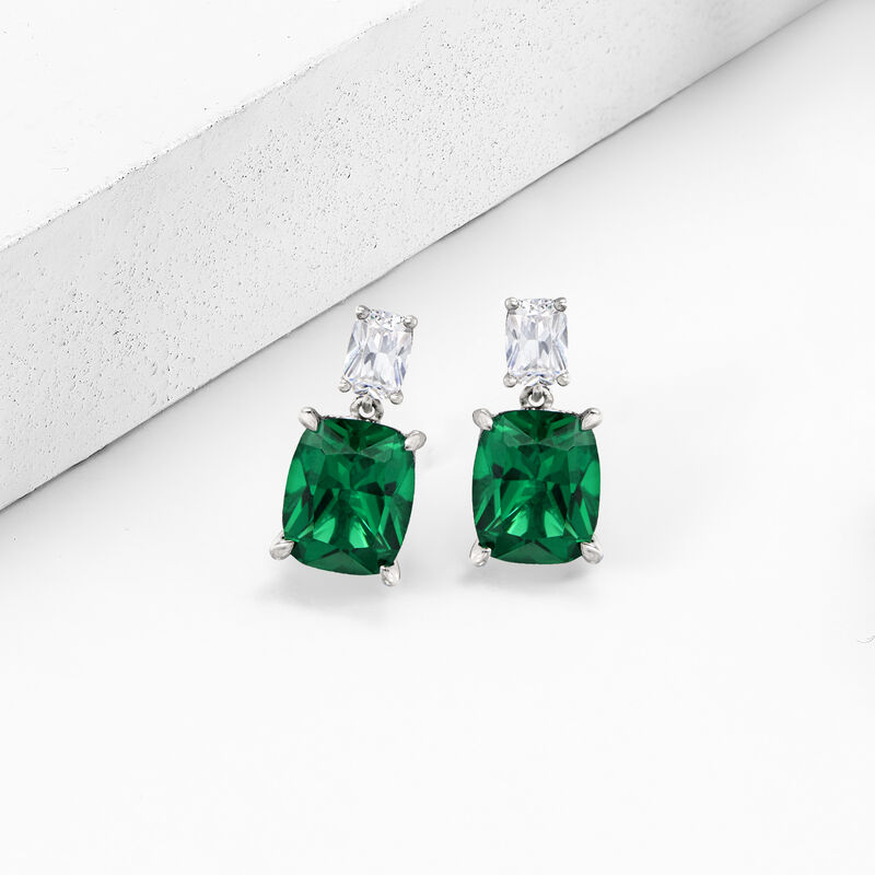 8.50 ct. t.w. Simulated Emerald and 1.10 ct. t.w. CZ Drop Earrings in Sterling Silver image number 3
