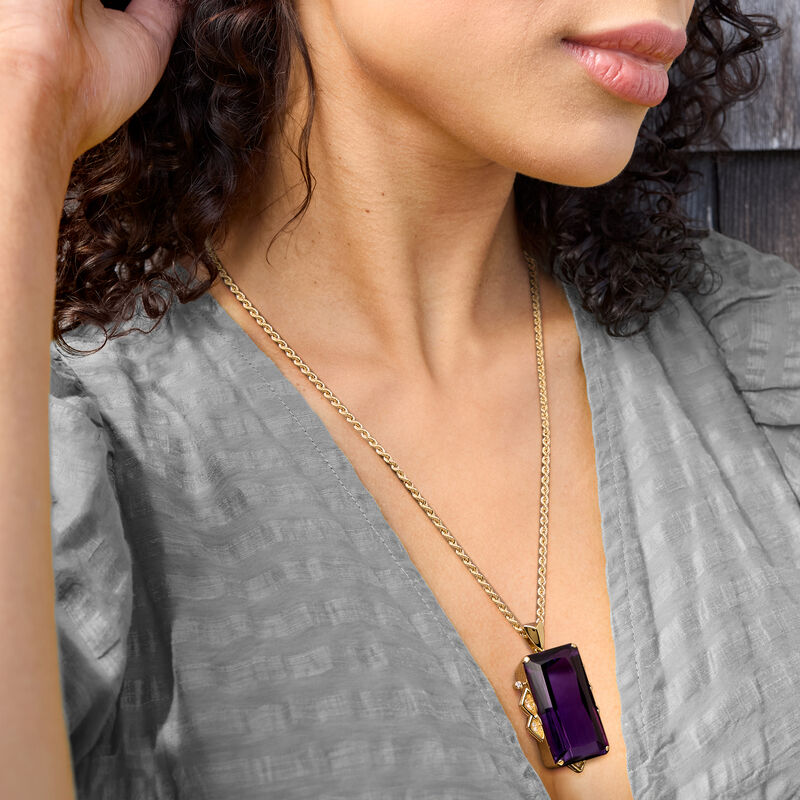 C. 1990 Vintage 96.66 Carat Amethyst and .17 ct. t.w. Diamond Pendant Necklace in 18kt Yellow Gold. 20" image number 1