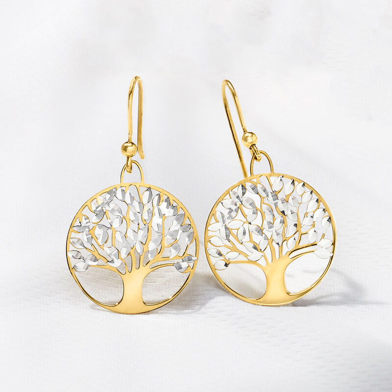 Italian Sterling Silver and 18kt Gold Over Sterling Diamond-Cut Tree of Life Drop Earrings image number 2