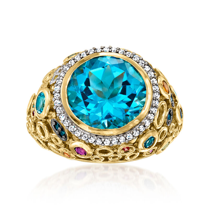 9.25 Carat Swiss Blue Topaz and 1.07 ct. t.w. Multi-Gemstone Ring in 18kt Gold Over Sterling. Size 7 image number 0