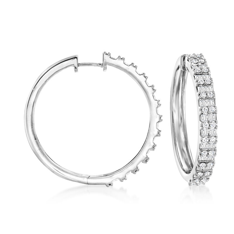 2.00 ct. t.w. Round and Baguette Diamond Hoop Earrings in Sterling Silver image number 0