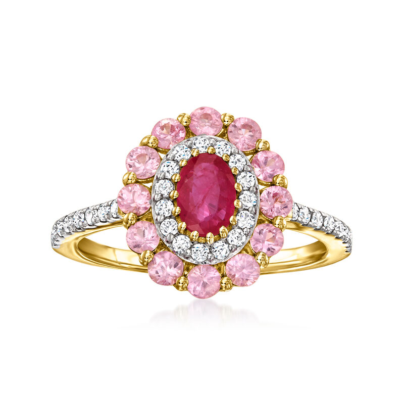 .30 Carat Ruby and .80 ct. t.w. Pink Sapphire Ring with .29 ct. t.w. Diamonds in 14kt Yellow Gold. Size 7 image number 0