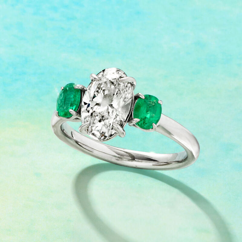 2.00 Carat Lab-Grown Diamond Ring with .50 ct. t.w. Emeralds in 14kt White Gold image number 4