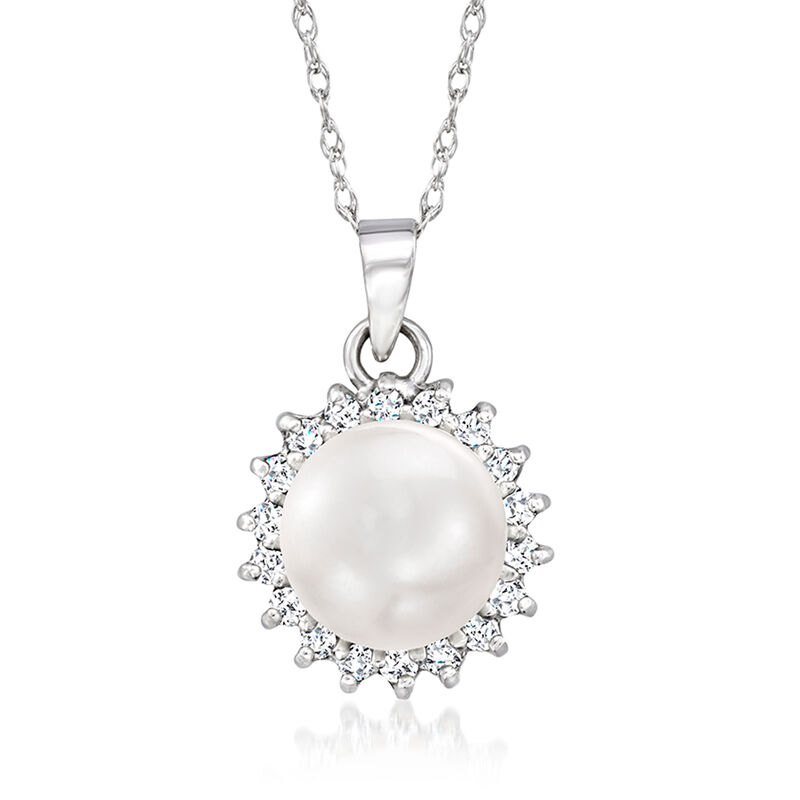 7-7.5mm Cultured Pearl and .12 ct. t.w. Diamond Pendant Necklace in 14kt White Gold. 18&quot; image number 0
