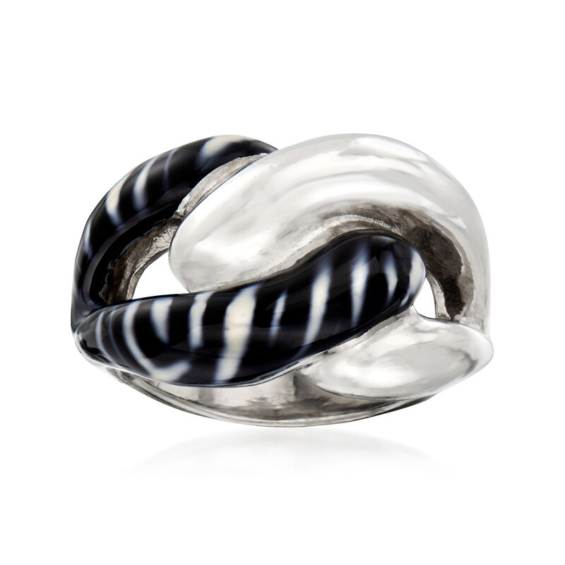 Italian Zebra-Print Enamel Link Ring in Sterling Silver. Size 6 image number 0
