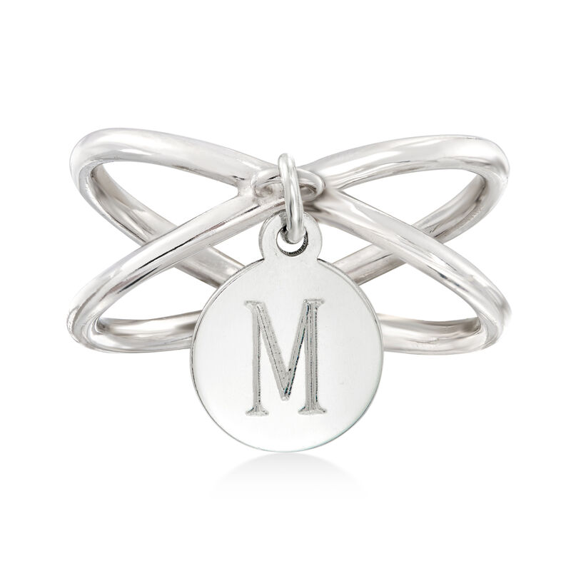 Sterling Silver Personalized Single-Initial Disc Charm Crisscross Ring image number 0