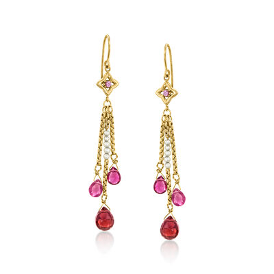 C. 1990 Vintage David Yurman 2.4mm Cultured Pearl and 6.78 ct. t.w. Multi-Gemstone Drop Earrings in 18kt Yellow Gold