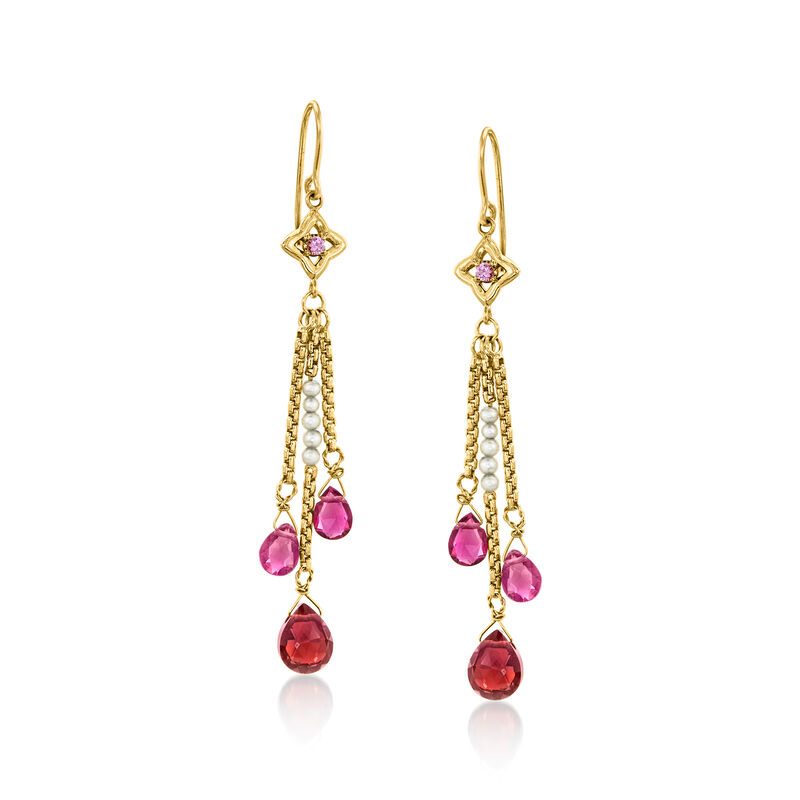 C. 1990 Vintage David Yurman 2.4mm Cultured Pearl and 6.78 ct. t.w. Multi-Gemstone Drop Earrings in 18kt Yellow Gold  image number 0