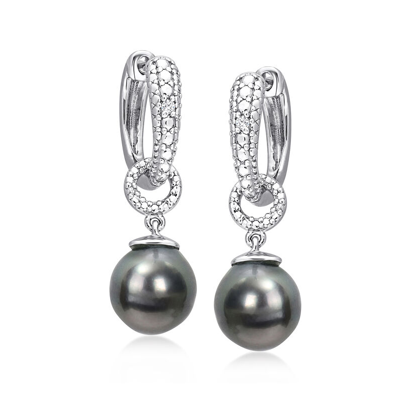 8-8.5mm Black Cultured Tahitian Pearl Hoop Drop Earrings with Diamonds in Sterling Silver image number 0