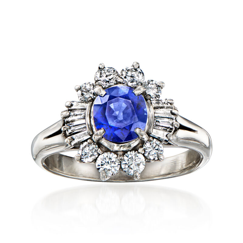 C. 1990 Vintage 1.17 Carat Sapphire and .63 ct. t.w. Diamond Ring in Platinum. Size 6 image number 0