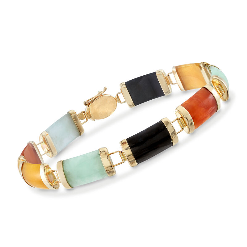 Multicolored Jade &quot;Good Luck&quot; Bracelet in 14kt Yellow Gold image number 2