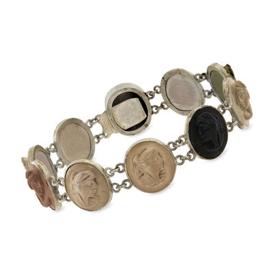C. 1900 Vintage Lava Rock Cameo Bracelet in Silvertone
