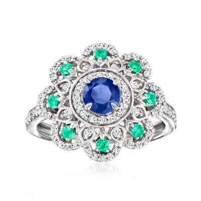 .60 Carat Sapphire, .10 ct. t.w. Emerald and .41 ct. t.w. Diamond Ring in Sterling Silver
