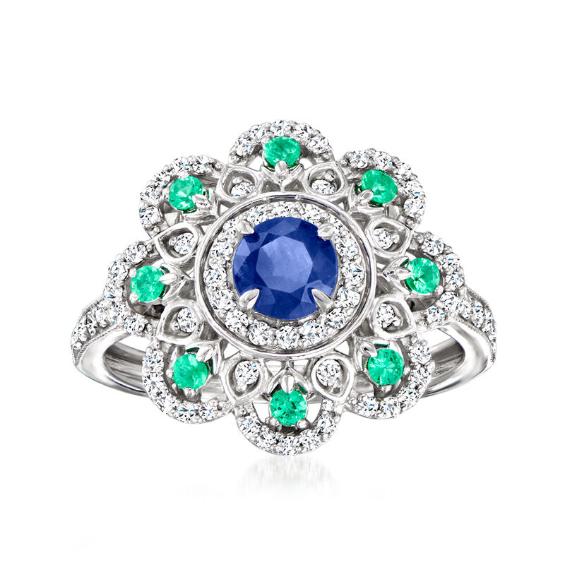 .60 Carat Sapphire, .10 ct. t.w. Emerald and .41 ct. t.w. Diamond Ring in Sterling Silver image number 0