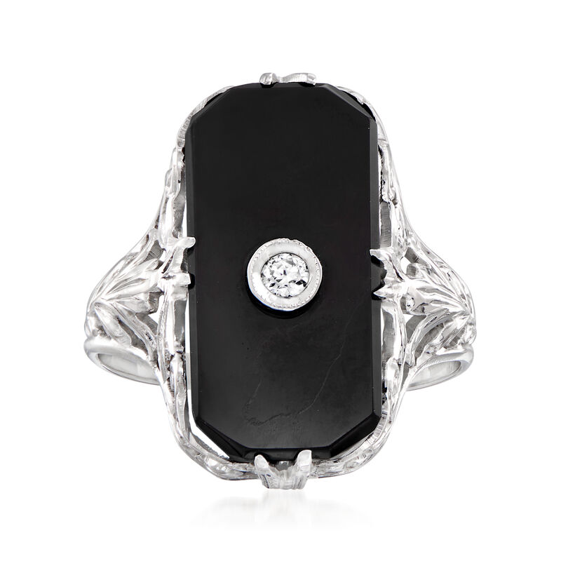 C. 1950 Vintage Black Onyx Ring with Diamond Accent in 14kt White Gold image number 0