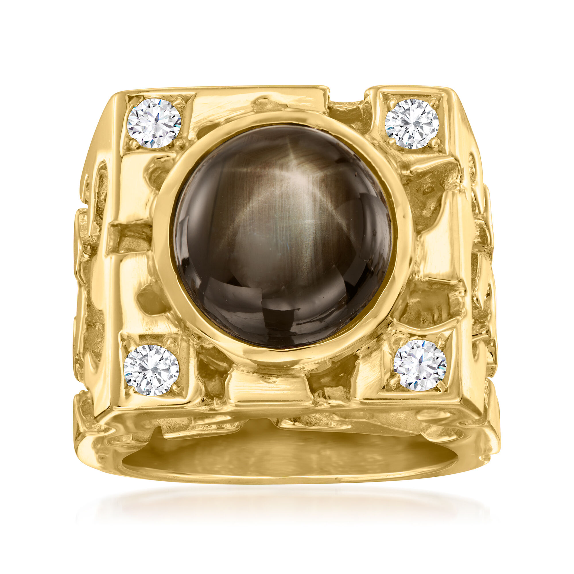 Men s 9.25 Carat Black Star Sapphire and .40 ct. t.w. Diamond Nugget Ring in 14kt Yellow Gold