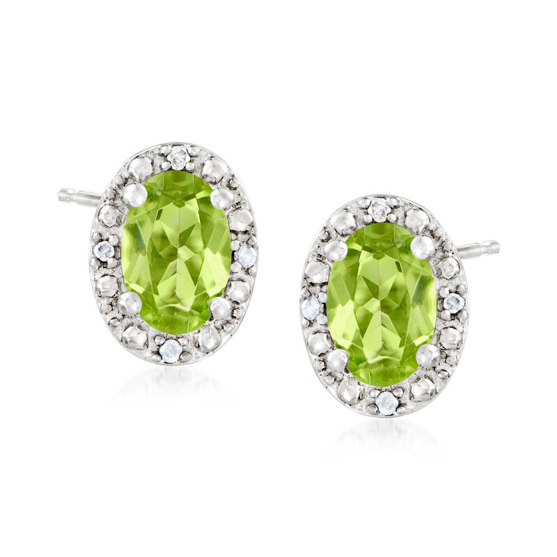 1.00 ct. t.w. Oval Peridot Stud Earrings with Diamond Accents in Sterling Silver image number 0