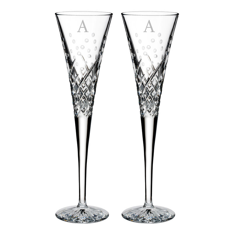 Waterford Crystal &quot;Wishes Happy Celebrations&quot; Set of 2 Block Initial Toasting Flutes from Italy image number 1