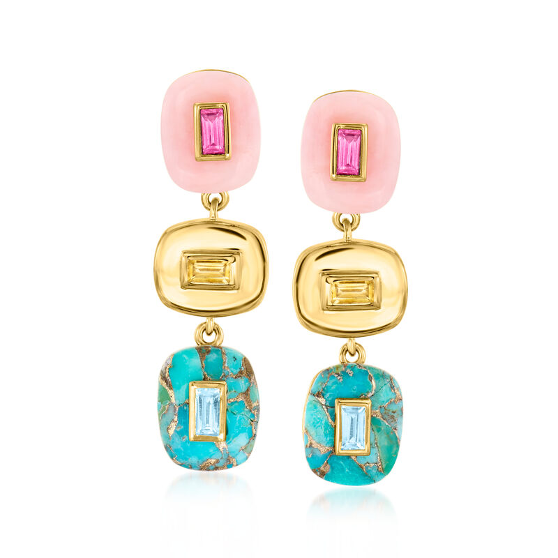 Pink Opal, Turquoise and .80 ct. t.w. Multi-Gemstone Overlay Drop Earrings in 18kt Gold Over Sterling image number 0