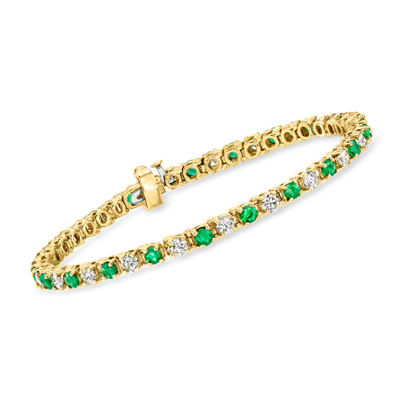 C. 1990 Vintage 2.00 ct. t.w. Diamond and 1.25 ct. t.w. Emerald Tennis Bracelet in 14kt Yellow Gold. 6.5" image number 0