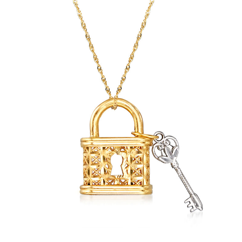 14kt Yellow Gold Lock and Key Pendant Necklace with White Rhodium image number 0