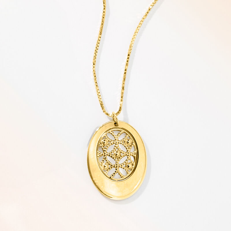 Italian 14kt Yellow Gold Milgrain Oval Necklace. 18&quot; image number 2