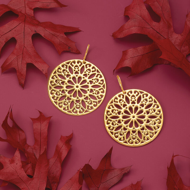 Italian Andiamo 14kt Yellow Gold Over Resin Floral Disc Drop Earrings  image number 2
