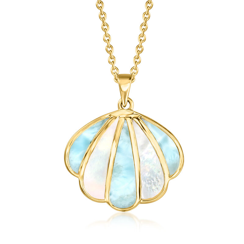 Mother-of-Pearl and Larimar Seashell Pendant Necklace in 18kt Gold Over Sterling. 18" image number 1