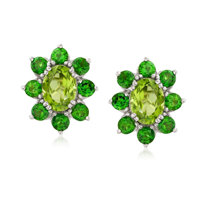 2.90 ct. t.w. Peridot and 2.00 ct. t.w. Chrome Diopside Halo Earrings in Sterling Silver  image number 0