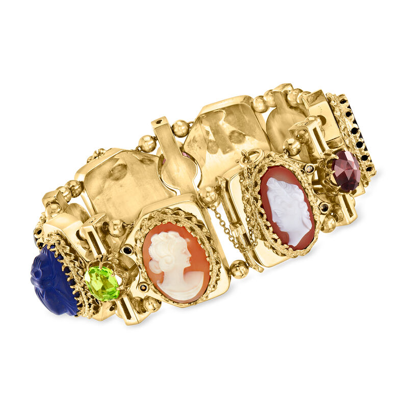 C. 1950 Vintage Multi-Gemstone Cameo Slide Charm Bracelet in 14kt Yellow Gold. 7&quot; image number 2