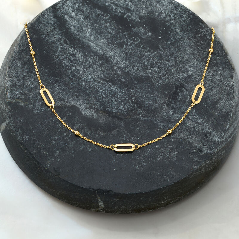Italian 14kt Yellow Gold Bead and Paper Clip Link Station Necklace image number 2