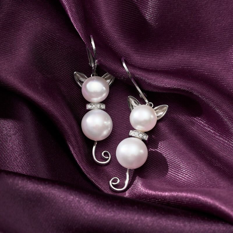 7.5-9mm Cultured Pearl and Diamond Cat Drop Earrings in Sterling Silver image number 3