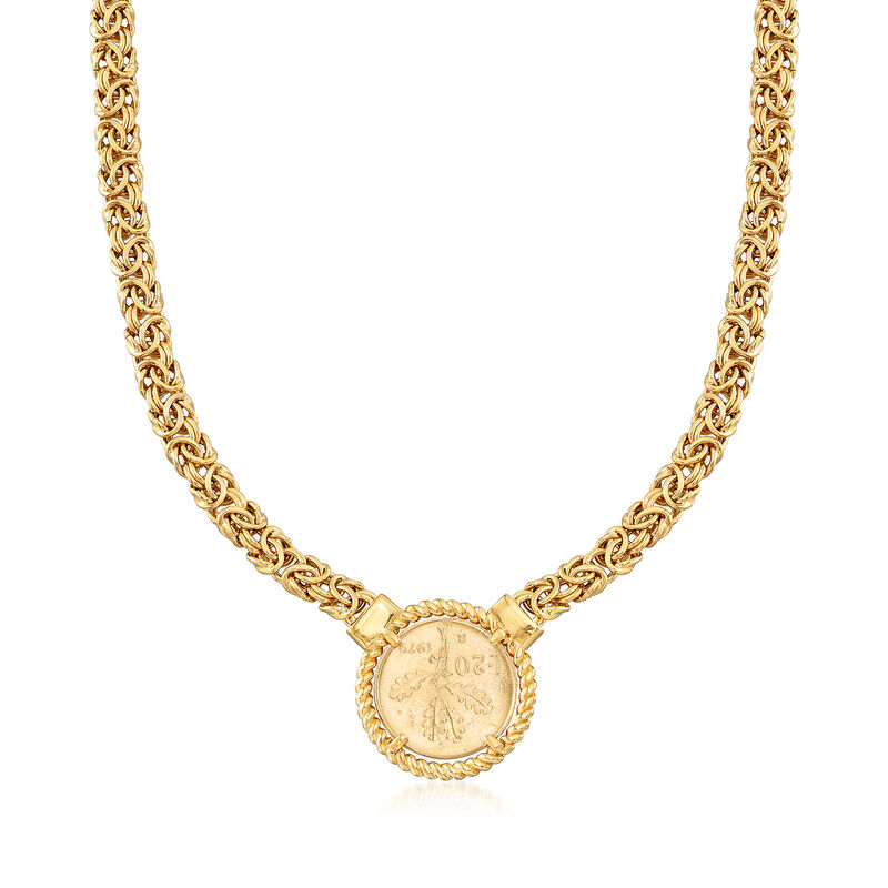 Italian 18kt Gold Over Sterling Replica Lira Coin Byzantine Necklace image number 2